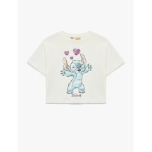 Koton Kısa Kollu Bisiklet Yaka Pamuklu Lisanslı Stitch Baskılı Tişört Ekru 6skg10244ak Ekru