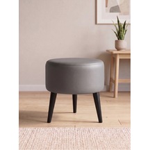 Modern Gri Deri Puf Tabure Ahşap Siyah Ayaklı Yuvarlak Puf 40x42 Cm