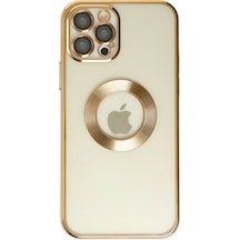 Apple Uyumlu  iPhone 12 Pro Kapak Yanları Renkli Lens Korumalı Logo Gösteren Şeffaf Luxury Kılıf - Gold