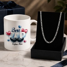 Bk Gift Kişiye Özel Babalar Günü Tasarımlı Beyaz Kupa & Figaro Zincir Kolye -10, Babalar Günü Hediyesi Gümüş