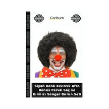 Siyah Renk Kıvırcık Afro Bonus Peruk Saç Ve Kırmızı Sünger Burun Seti Parti Malzemesi Kostüm Detayı +3