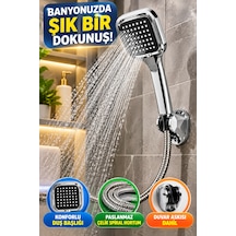 Kare Duş Başlığı Seti Krom Görünümlü El Duşu Çelik Spiral Hortum Ve Duvar Askısı Banyo Duş Seti 3'lü Gri
