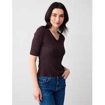 Jimmy Key Acı Kahve V Yaka Kısa Kollu Düz Kesim Örme Bluz 6sw035677803