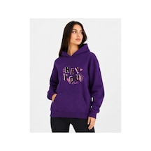 Herkesemoda Hey You Baskılı Kapüşonlu 2 İplik Şardonlu Sweatshirt Mor
