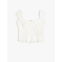 Koton Poplin Bluz Crop Fırfırlı Kalın Askılı Düğmeli Kalp Yaka Beyaz 4sal60170ıw Beyaz