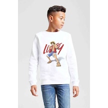 Tshirthane Anime Luffy One Piece Baskılı Unisex Çocuk Beyaz Sweatshirt Beyaz