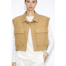 Mizalle Büyük Torba Cepli Büzgülü Camel Pamuklu Yelek Camel