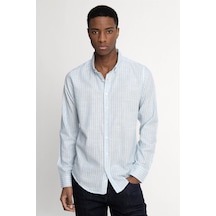 Tudors Slim Fit Uzun Kol Çizgili Keten Düğmeli Yaka Spor Erkek Gömlek-27015-Yeşil
