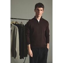Defacto Standart Fit Yarım Fermuarlı Dik Yaka Triko Basic Kazak H7634ax26aubn497 Kahve-bn497