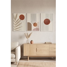 Beyaz Ahşap Çerçeveli Boho Soyut Duvar Tablosu 3 Lü Set Geometrik Terracotta Beyaz