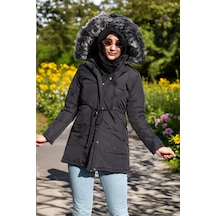 Kışlık Orta Boy Kürklü Kapüşonlu Su Geçirmez Tasarım Kadın Şişme Mont Siyah