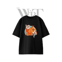Thewert Western Dog Horse Tasarım Baskılı Ünisex Siyah Oversize T-shirt