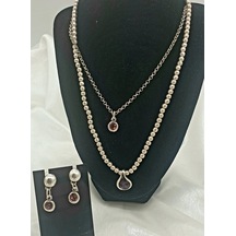 Damla Taşlı Model Antik Gümüş Kaplama Çoklu Kolye Küpe Seti