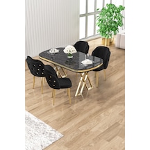 Canisa Zae Serisi 90x168 Lak Panel Siyah Mermer Desen Gold Ayak Masa Takımı 4 Siyah Sandalye Siyah Mermer Desen Masa, Siyah Sandalye