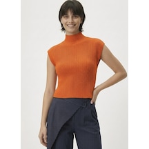 Neden Tekstil Kadın Yarım Balıkçı Yaka Fitilli Triko Kolsuz Crop Bluz - Turuncu