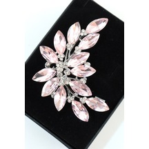 Pembe Zarafet Zeytin Yaprağı Broş, Elmas Kesim Kristal Taşlı Gümüş Dallı Çiçekli Kadın Yaka İğnesi Çok renkli