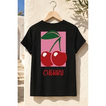 Spoyi Kiraz Rüyası Tasarımlı %100 Pamuk Yarım Oversize Siyah T-shirt