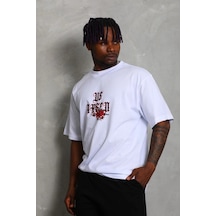 Ertaştrendstore Erkek Baskılı Tişört Kısa Kol Bisiklet Yaka Oversize T-shirt - Beyaz Çok Renk