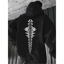 Nevermınd Unisex Oversize Hoodie Omurga Figürlü Geometrik Baskılı Kapüşonlu Streetwear Siyah Siyah
