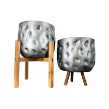 Bitki Tasarımı Ev Dekorasyon Aksesuar Gümüş Desenli Toprak Saksı Saksılık Salon Çiçeklik İkili Set 4 Ayaklı- 3 Ayaklı 19 Cm