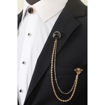 Esgue Gold Zincirli Ceket Yaka & Gömlek Düğme Broşu Gold - Gümüş - Siyah