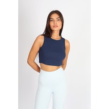 Soft&Basic Kadın İndigo Basic Halter Yaka Esnek Biyeli Kaşkorse Kumaş Crop Top Body Atlet İndigo