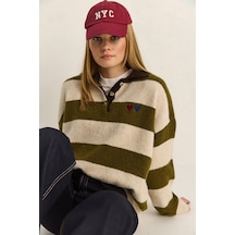 Shade Kadın Oversize Çizgili Polo Yaka Kalp Desen Nakış İşlemeli Triko Kazak 2632 60283920 - Krem-yeşil Çok renkli