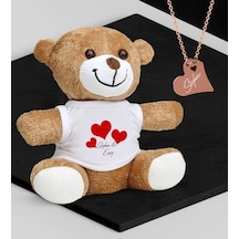 Kişiye Özel Sevgililer Temalı Peluş Ayıcık Ve Rose Kalp Kolye Set (409001202)