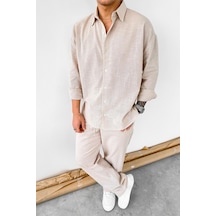 Taş Premium Keten Basic Oversize Gömlek Taş