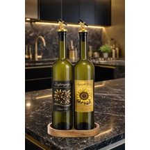 Zeytinyağı Ve Ayçiçek Yağı Şişesi Seti, Altın Etiket Ve Yağdanlık Aparatlı, Ahşap Standlı 750 Ml, 2 Adet, Yeşil Cam Şişe Standlı, Altın Çok Renkli