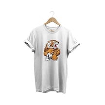 Vahşi Kaplan Tasarım Ve Kuru Kafa Baskılı %100 Pamuk Regular Fit Bisiklet Yaka Beyaz T-shirt Beyaz