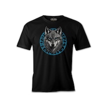 A Wolf With A Blue Circular Viking Logo Background Siyah Erkek Tshirt 001