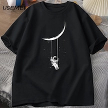 Tarzsokak Funny Moon Swing T Shirt Men Women Astronaut Tshirt Cotton Short Sleeve Loose T-shirt Casual 3058 Siyah