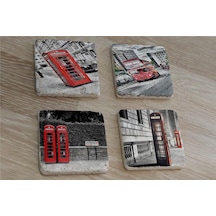 Londra Kırmızı Telefon Kulübeleri Ve Otobüs Doğal Taş Bardak Altlığı 4'lü Set - Natural Stone Coasters - Taş Kırmızı