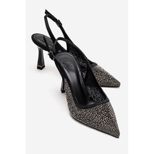 Luvishoes Frea Siyah Platin Taşlı Kadın Topuklu Ayakkabı Siyah