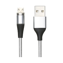 Youmex 2m Uzunlukta Micro Usb Arayüzlü 2.4a Hızlı Şarj Magnetik Kablosu, Toz Tıkacı Fonksiyonu, Gümüş Renk, Nilon Örgü