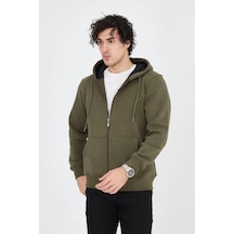 Erkek 3 İplik Pamuklu Fermuarlı Kapüşonlu Kanguru Cepli Hoodie Hırka Sweatshirt - Yeşil YESIL