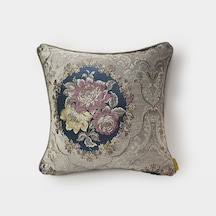 "royal" Dokulu Çiçek Desenli Kırlent - 45x45 Vizon - Mavi - Pembe