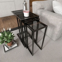 Rozy Camlı Üçlü Zigon Sehpa Siyah