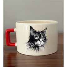Siyah Kedi Görselli Fincan Seramik Kupa - Seramik Çay, Kahve Hediyelik Bardağı Beyaz