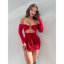 Pink Life Kırmızı Straplez Tokalı Full Likrali Mini Elbise Kırmızı