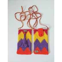 Kemzey Handmade Wayuu Telefon Çantası, El Yapımı Örgü Telefon Çantası Mor - Turuncu