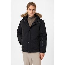 Back And Bond Siyah Regular Fit Kapüşonlu Kürklü Puffer Mont Çok Renkli