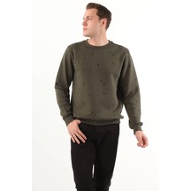 Erkek Bisiklet Yaka Yaprak Desenli Sweatshirt Haki 001