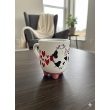 İnek Kupa 07 El Yapımı 3d Krem Parlak Kupa - El Yapımı Seramik Kupa Açık Ahşap