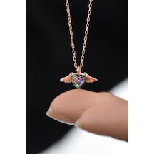 925 Ayar Gümüş Rose Kaplama Mistik Topaz Taşlı Kalp Kanat Kolye UVPTS100533