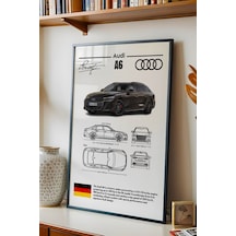 Audi A6 Tablo - Teknik Özellikli Alman Lüks Sedan Poster - Çerçeveli Duvar Dekoru - Araba Blueprint Siyah