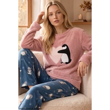 Siyah İnci Pudra Nakışlı Üst Wellsoft Alt Polar Kışlık Örme Pijama Takım 26221728