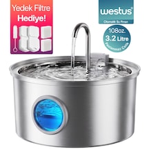 3.2 L Premium Paslanmaz Çelik Kedi Ve Köpek İçin Su Pınarı & Su Sebili Ultra Sessiz Su Seviyesi Led Göstergeli Yedek Filtre Hediye