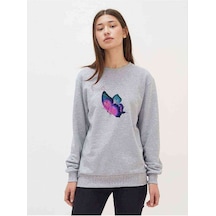 Watercolor Butterfly Kelebek Baskılı Gri Kadın Sweatshirt (534806455)